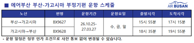 에어부산 부산~가고시마 부정기편 운항 일정. 에어부산 제공