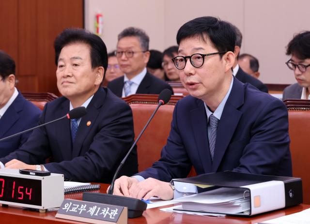 외교부 박윤주 1차관이 17일 국회에서 열린 외교통일위원회 전체회의에서 호르무즈 파병 문제와 관련한 의원들의 질의에 답변하고 있다. 왼쪽은 정동영 통일부 장관. 연합뉴스