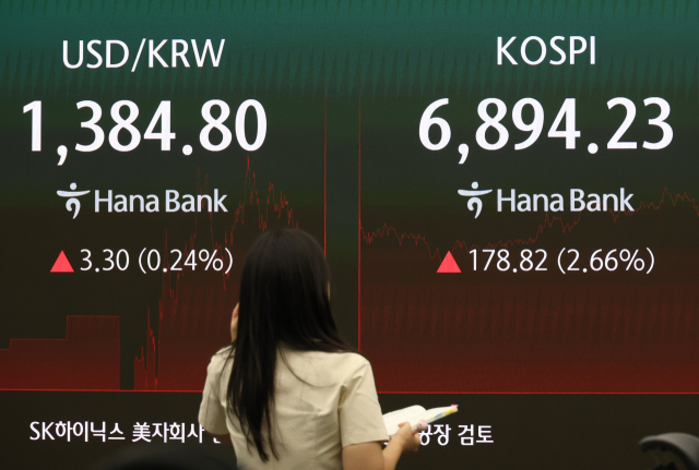 18일 중구 하나은행 본점 딜링룸 전광판에 원/딜러 환율과 코스피 종가가 표시돼 있다. 연합뉴스