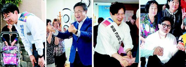 부산 정치권의 최대 격전지인 ‘낙동강 벨트’에서 벌써부터 총선 열기가 뜨겁게 달아오른다. 왼쪽부터 추석 연휴를 맞아 지역 주민들에게 인사를 하고 있는 더불어민주당 박홍배 의원, 국민의힘 김대식 의원, 박성훈 의원, 무소속 한동훈 의원. SNS 캡처