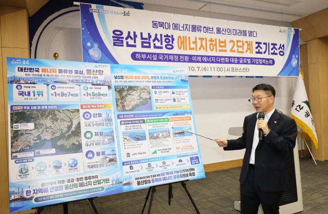 신민식 울산시 경제부시장이 7일 울산시청 프레스센터에서 남신항 에너지허브 2단계 조성 추진 상황에 대한 설명을 하고 있다. 울산시 제공