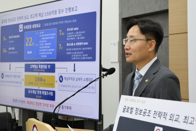 임광현 국세청장이 7일 세종시 정부세종청사에서 고액체납 특별대응 TF 활동 결과를 브리핑하고 있다. 임 청장은 고액체납 대응 성과 중 하나로 최고액 체납자인 '선박왕' 권혁 회장이 체납 후 15년 만에 체납액 3938억 원 전액을 완납하기로 한 사례를 설명했다. 연합뉴스