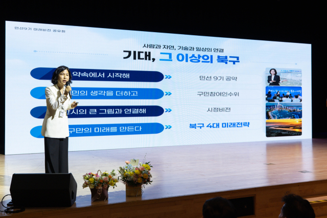 정명희 부산 북구청장이 지난 8일 부산 북구 문화예술회관에서 열린 취임 100일 '북구 미래미전 공유회'에서 공약과 실천 방안에 대해 설명하고 있다. 부산 북구청 제공