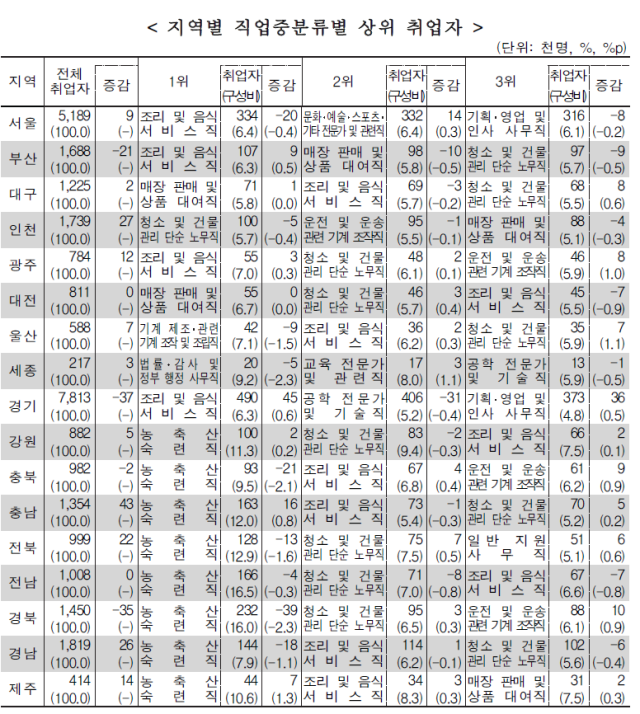 2026년 상반기 지역별 고용조사 지역별 직업중분류별 상위 취업자. 국가데이터처 제공