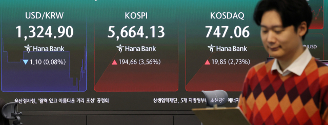 코스피가 3%대 반등세로 출발한 27일 오전 서울 중구 하나은행 본점 딜링룸에 코스피와 코스닥, 원/달러 환율이 표시되고 있다. 이날 오전 9시 2분 현재 코스피는 전장보다 198.11포인트 오른 5667.58을 나타내고 있다. 코스닥은 15.88포인트(2.18%) 오른 743.09로 출발해 같은 시각 전장보다 18.43포인트(2.53%) 오른 745.64를 보인다. 연합뉴스