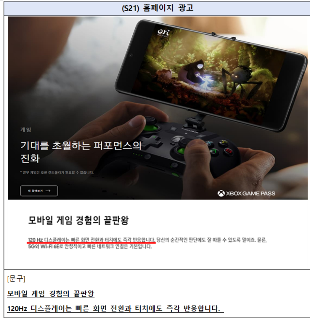 삼성전자 스마트기기 부당광고 예시. 공정거래위원회 제공