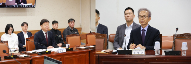 조청래(왼쪽) 창원시설공단 이사장 임용후보자와 송병권 창원산업진흥원장 임용후보자가 28일 창원시의회에서 열린 인사청문회에 참석해 의원 질의를 받고 있다. 창원시의회 제공